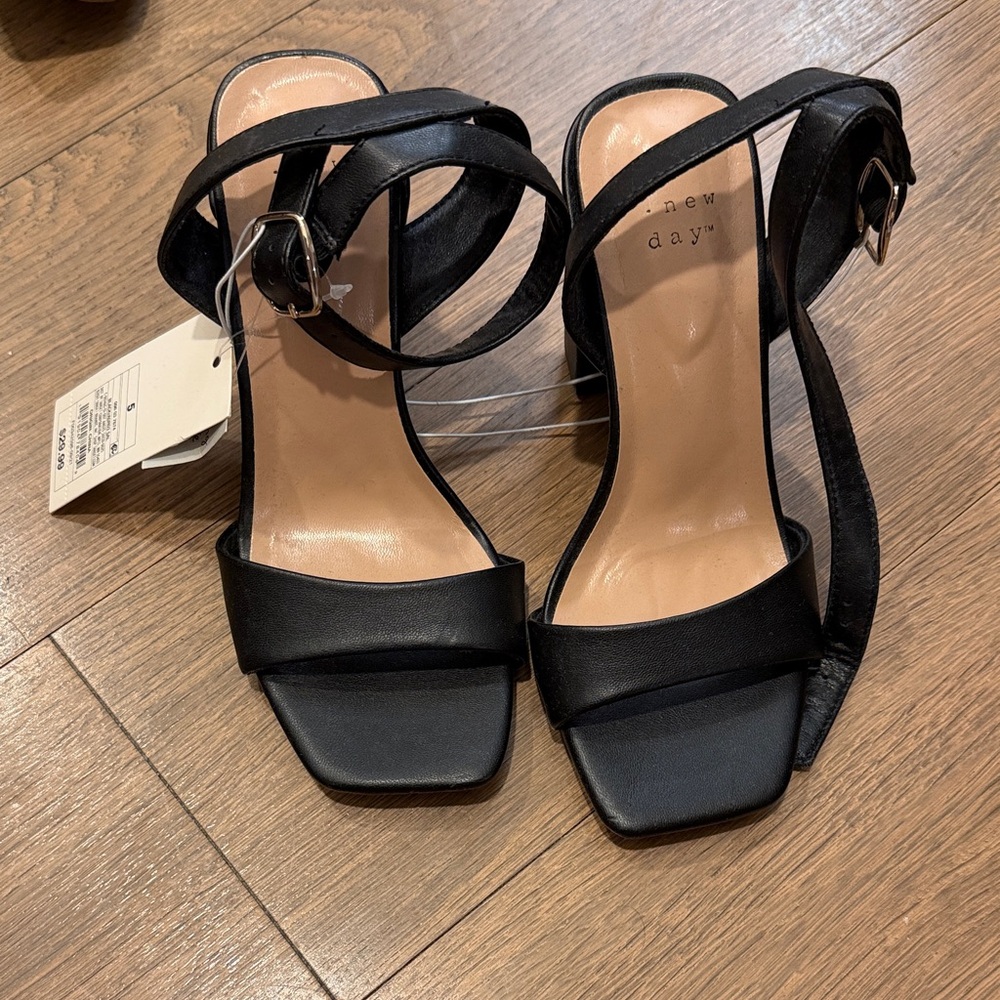 a new day Black Square-Toe Ankle Strap Block Heels